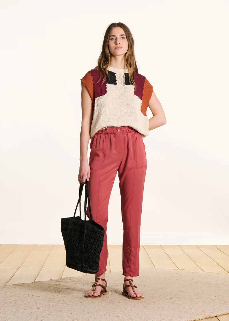 Pantalon fluide rouge en lyocell taille élastiquée