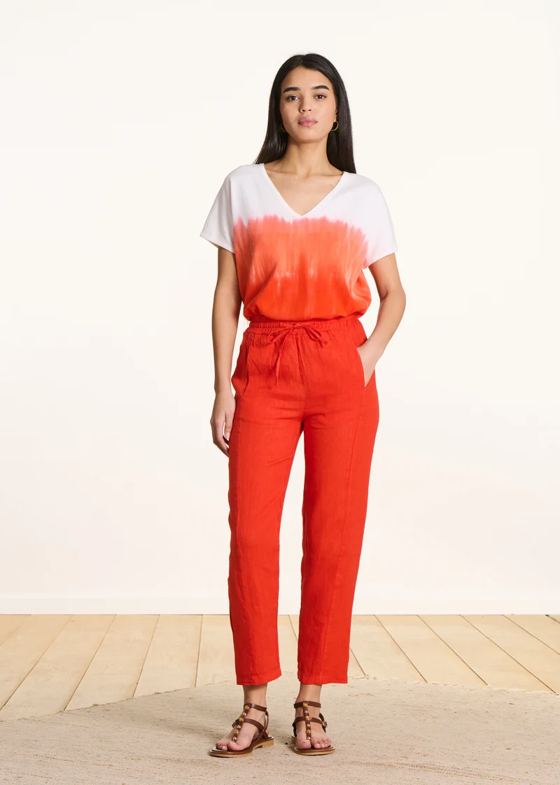 Pantalon carotte orange en lin taille élastiquée