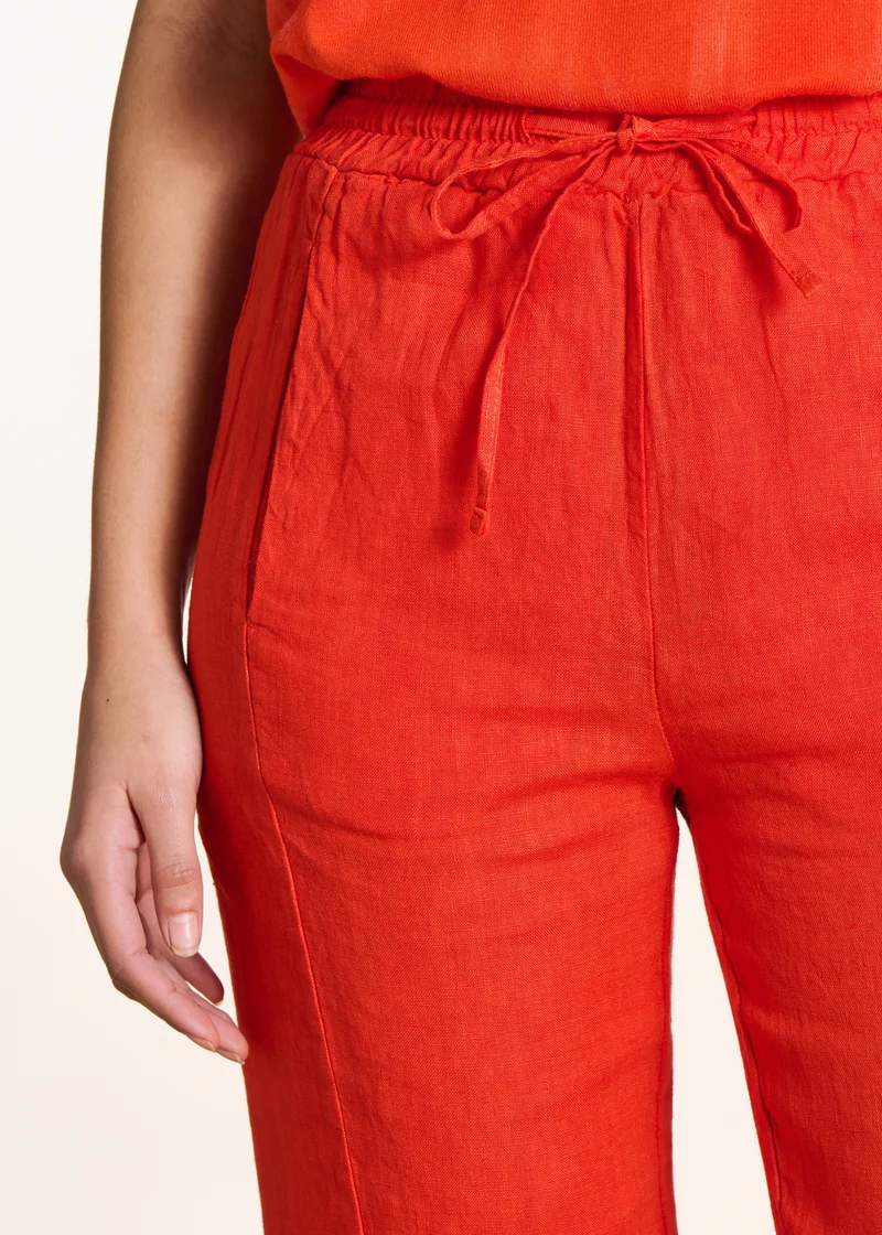Pantalon carotte orange en lin taille élastiquée