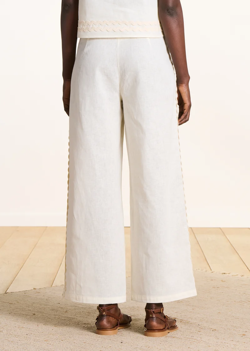 Pantalon écru large taille haute en lin et coton