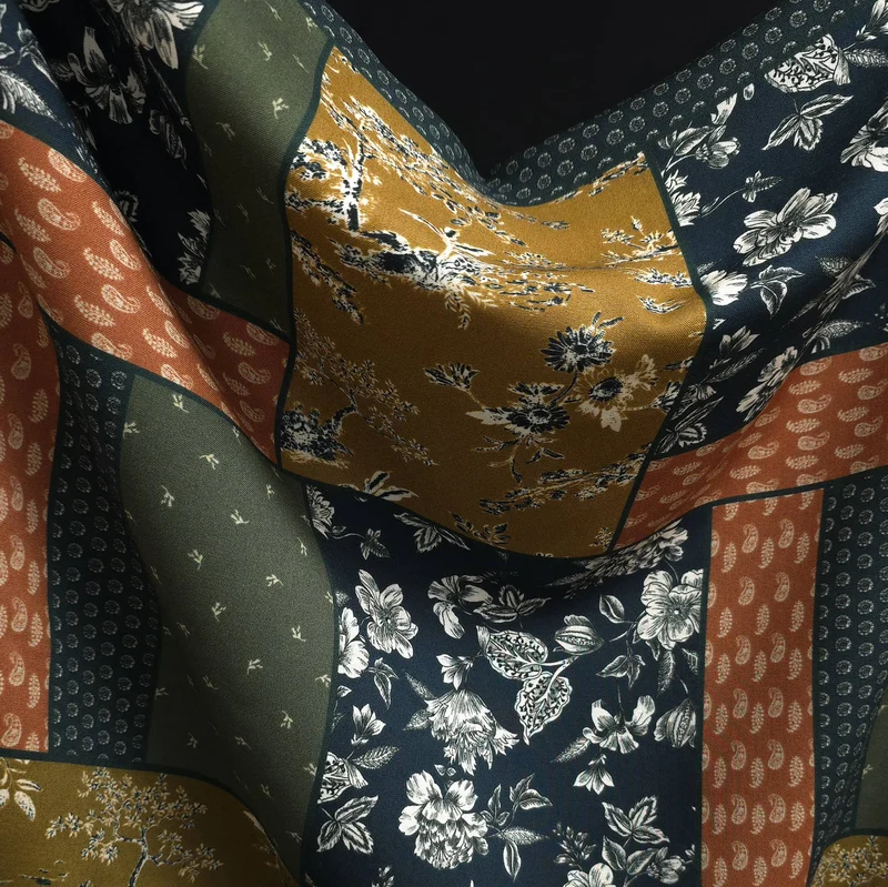 Challis de Viscose Floral style Patchwork | Moutarde, Bleu Marine & Olive
