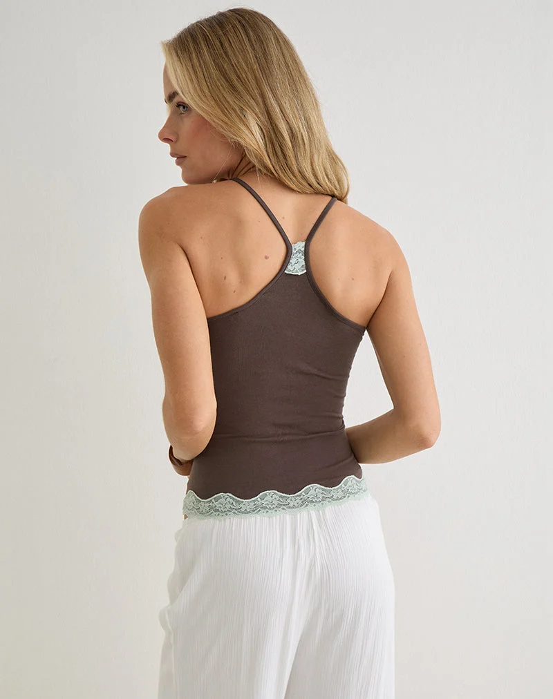 Haut Cami Mishti avec bordure en dentelle, marron foncé