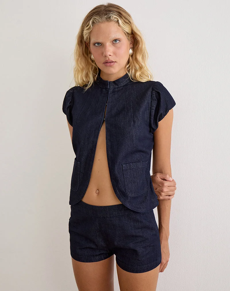 Mini-short Alita en chambray indigo avec boutons