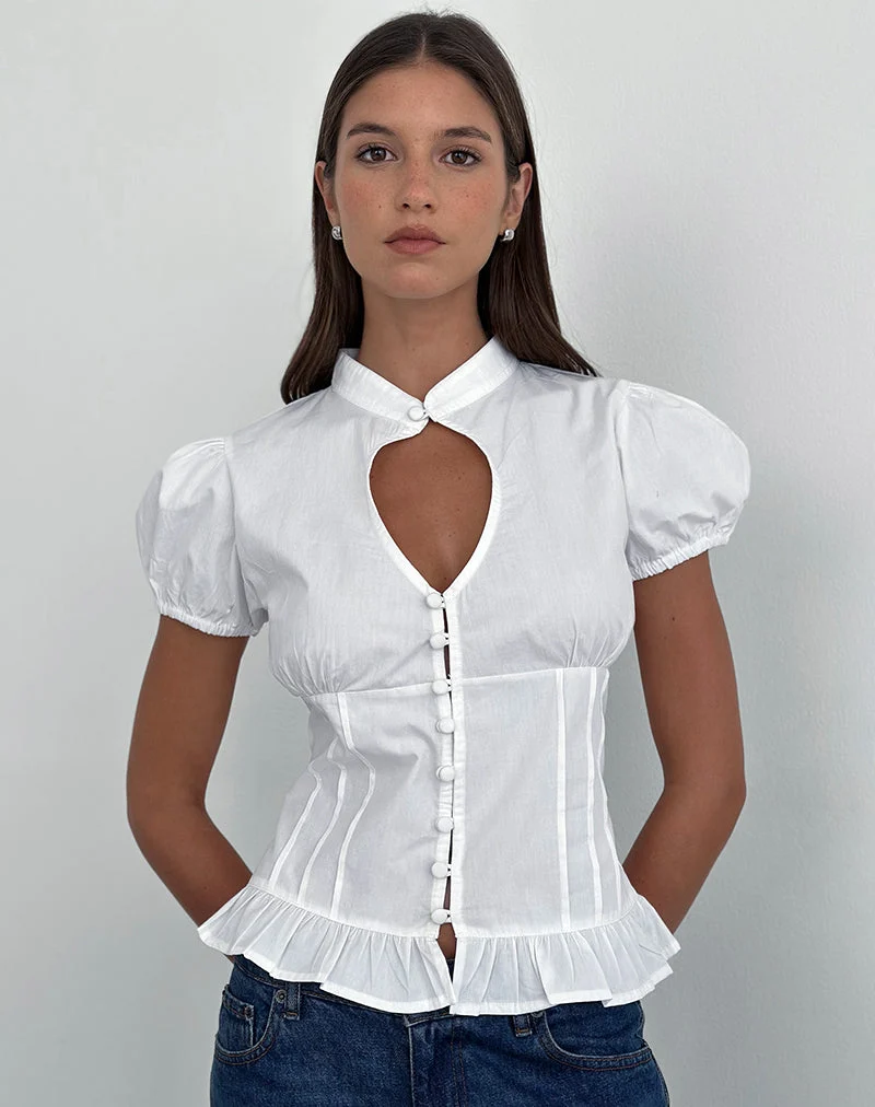 Blouse à manches bouffantes et encolure en Yamila, couleur blanche