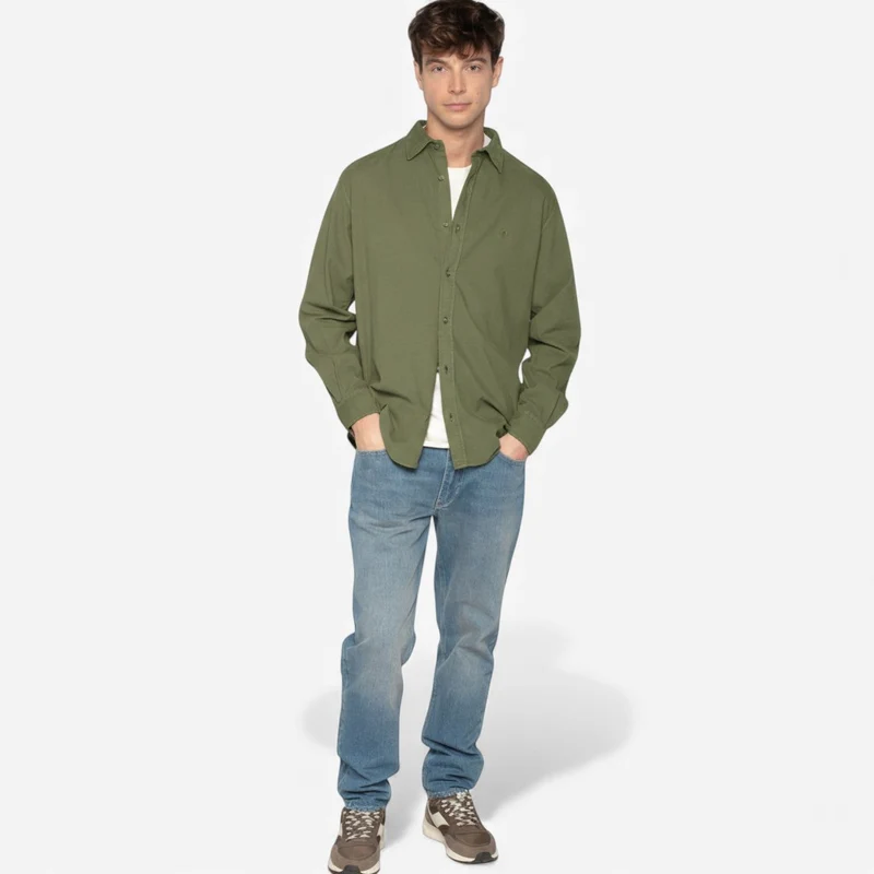 Chemise manches longues unie en coton velours vert militaire Charles