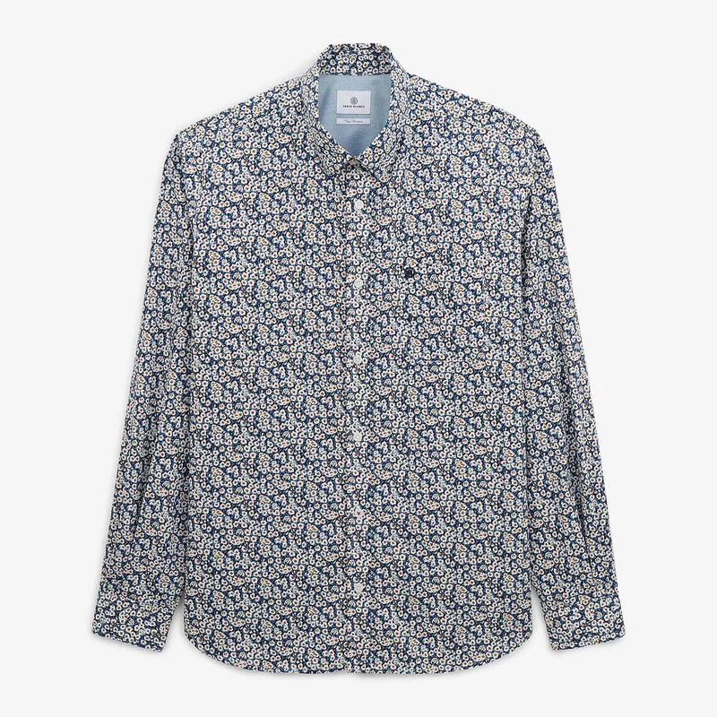 Chemise regular bleu azur imprimé paquerettes
