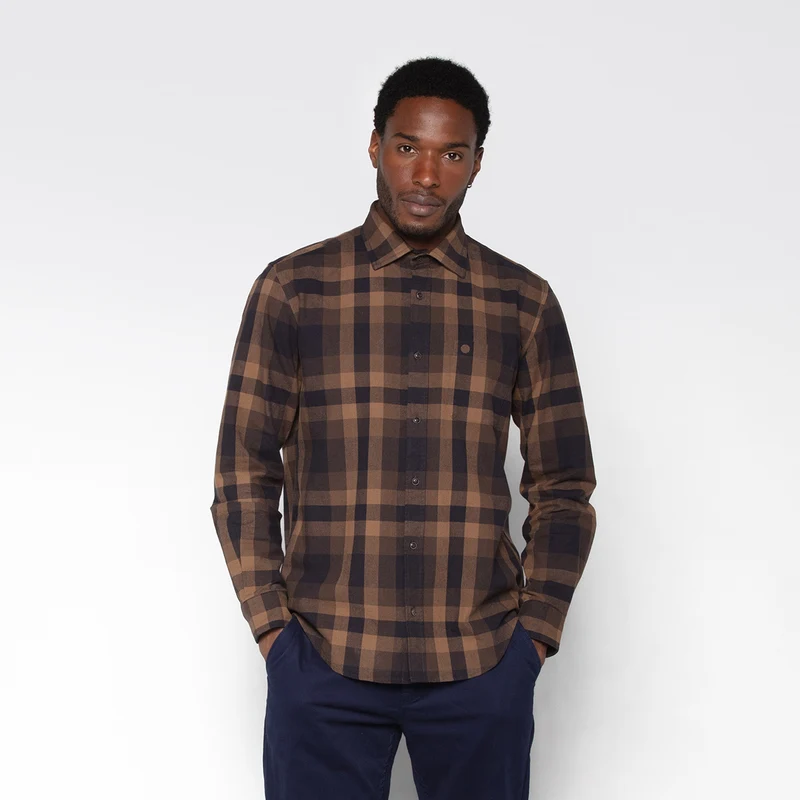 Chemise manches longues en coton twill à carreaux marron Charles