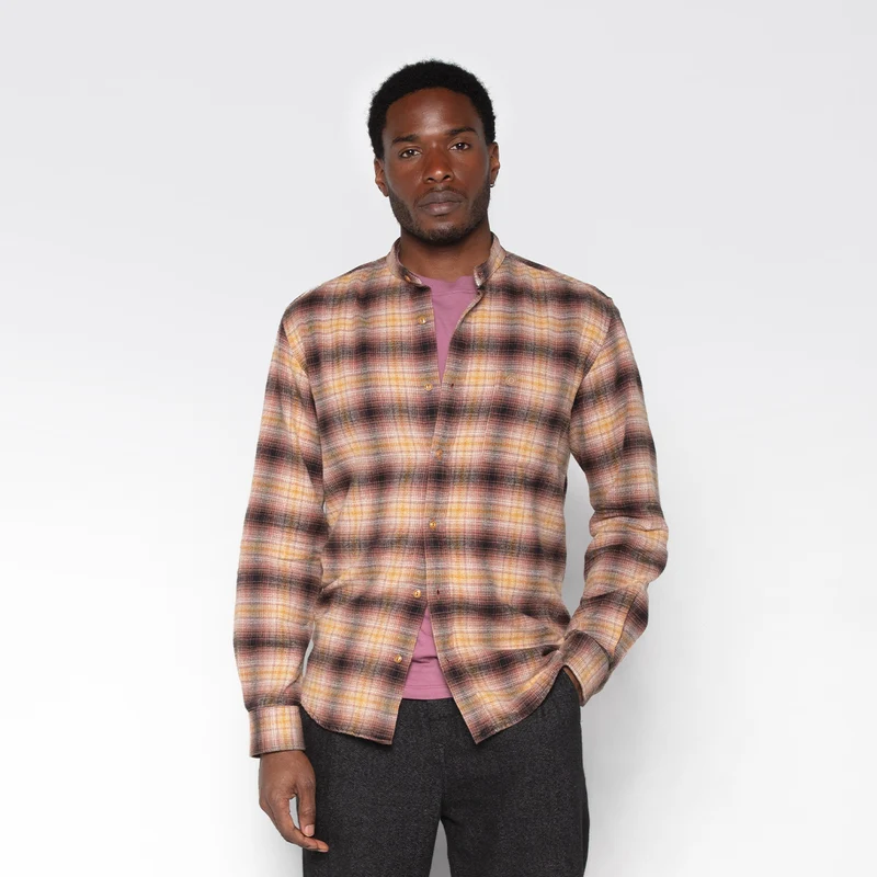 Chemise manches longues en coton col Mao à carreaux cuivre Charles