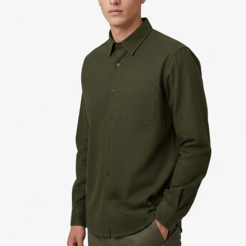 Chemise manches longues en coton unie vert militaire Charles