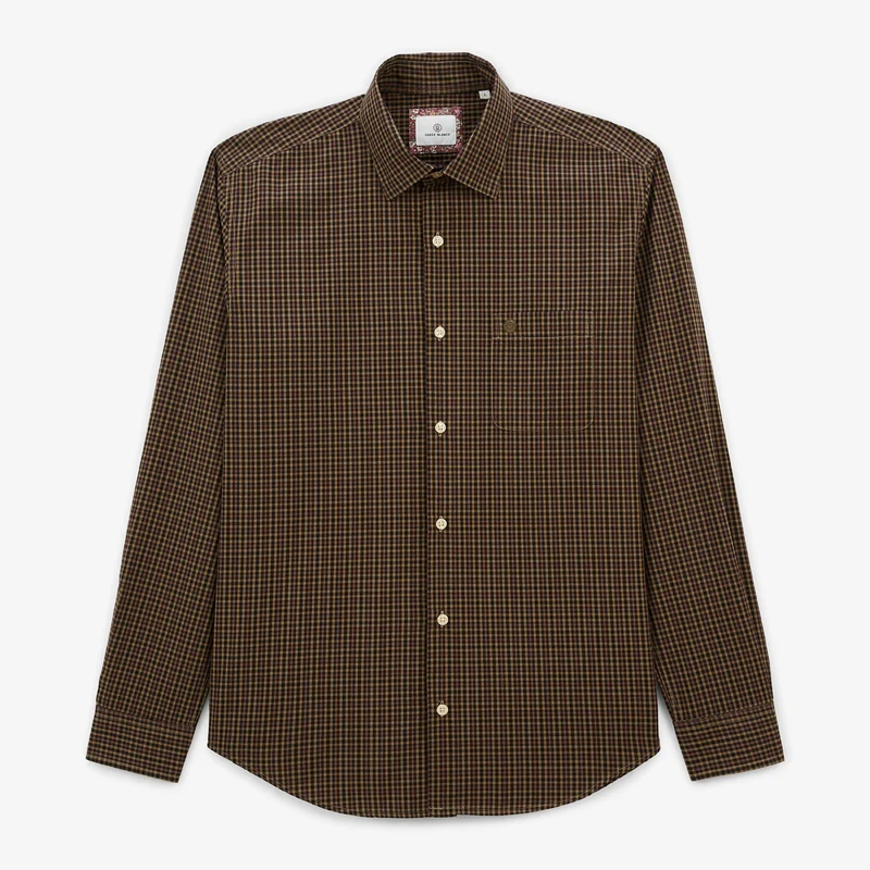Chemise manches longues en coton à petits carreaux marron Charles