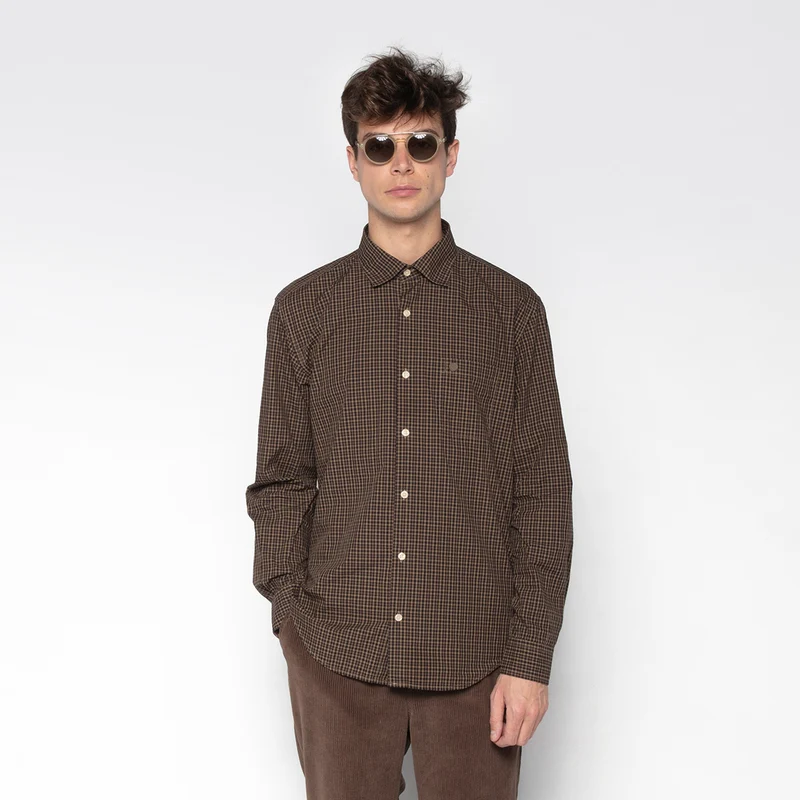 Chemise manches longues en coton à petits carreaux marron Charles