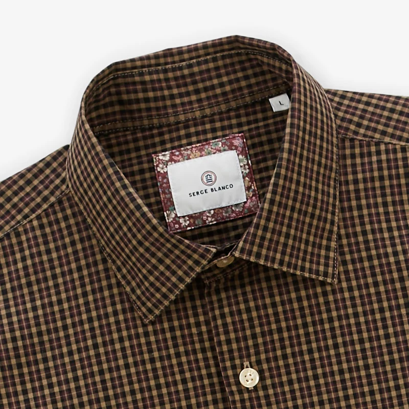 Chemise manches longues en coton à petits carreaux marron Charles