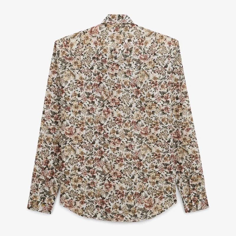 Chemise manches longues à fleurs vert militaire en coton