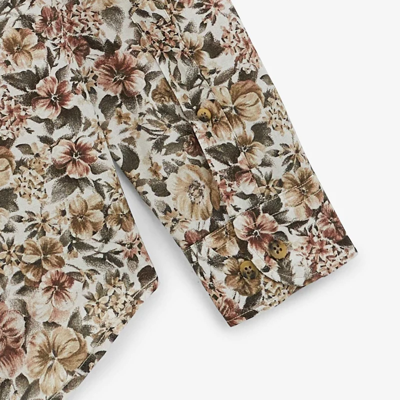 Chemise manches longues à fleurs vert militaire en coton