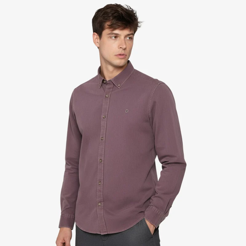 Chemise manches longues unie en coton twill unie violet pourpre Charles