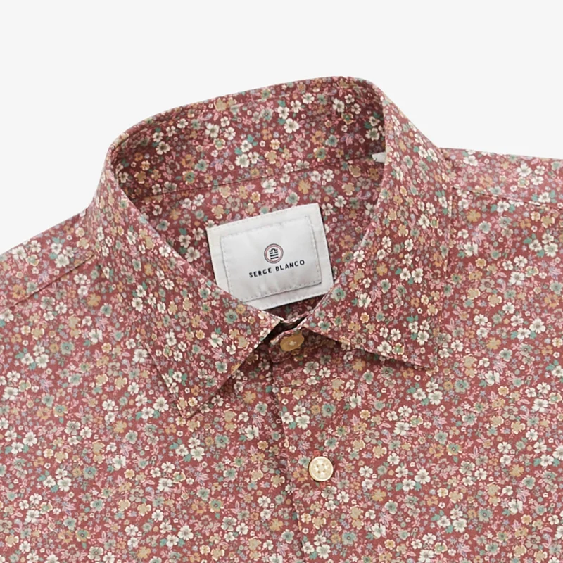 Chemise manches longues en coton imprimé floral rouge merlot Charles