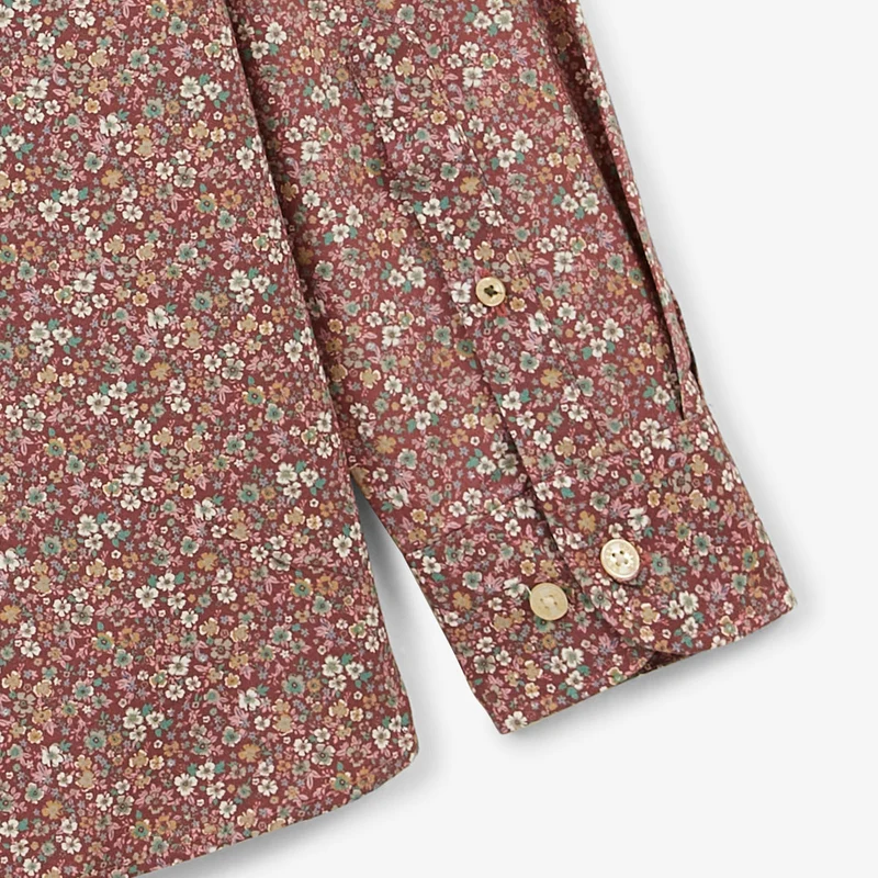 Chemise manches longues en coton imprimé floral rouge merlot Charles