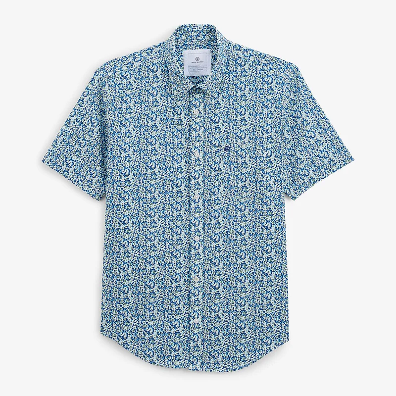 Chemise manches courtes regular bleu azur imprimé fleurs