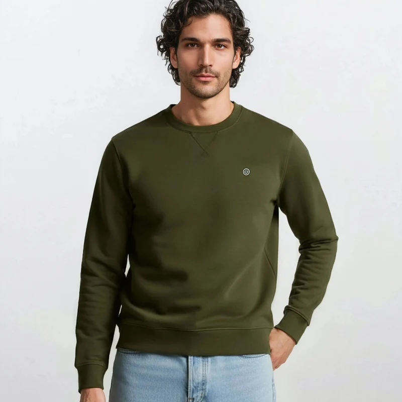 Sweat col rond uni vert army en coton