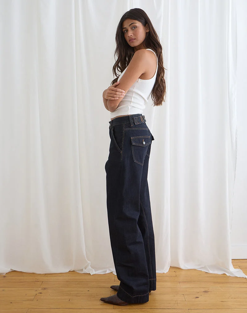 Jean taille basse à coutures torsadées et taille ajustée, couleur indigo