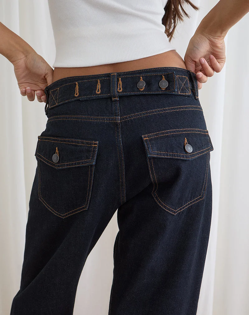 Jean taille basse à coutures torsadées et taille ajustée, couleur indigo