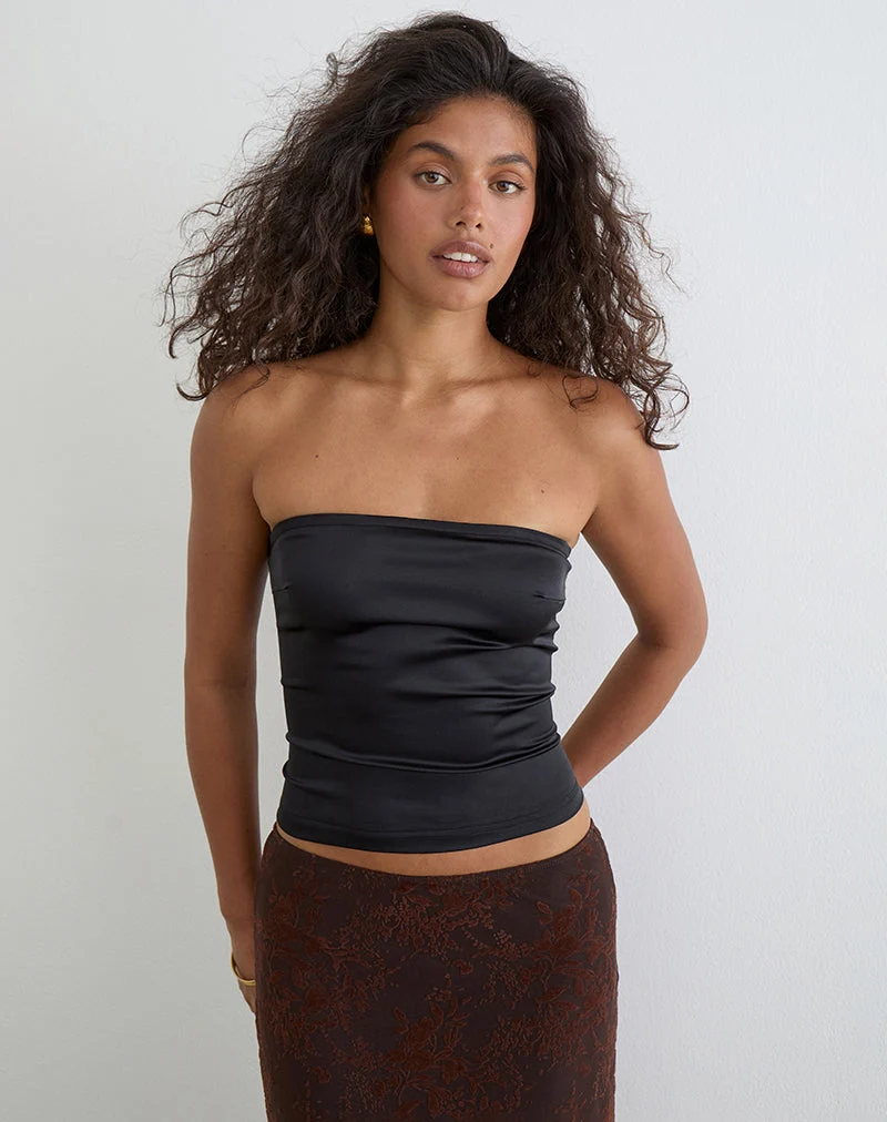Haut corset bandeau à lacets Ayaka en satin noir