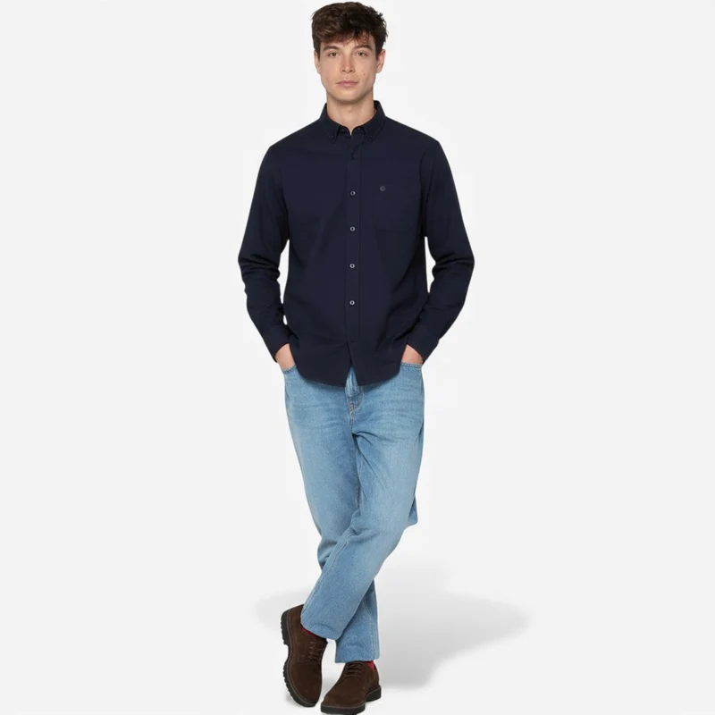 Chemise manches longues unie en coton Oxford bleu dark navy Charles