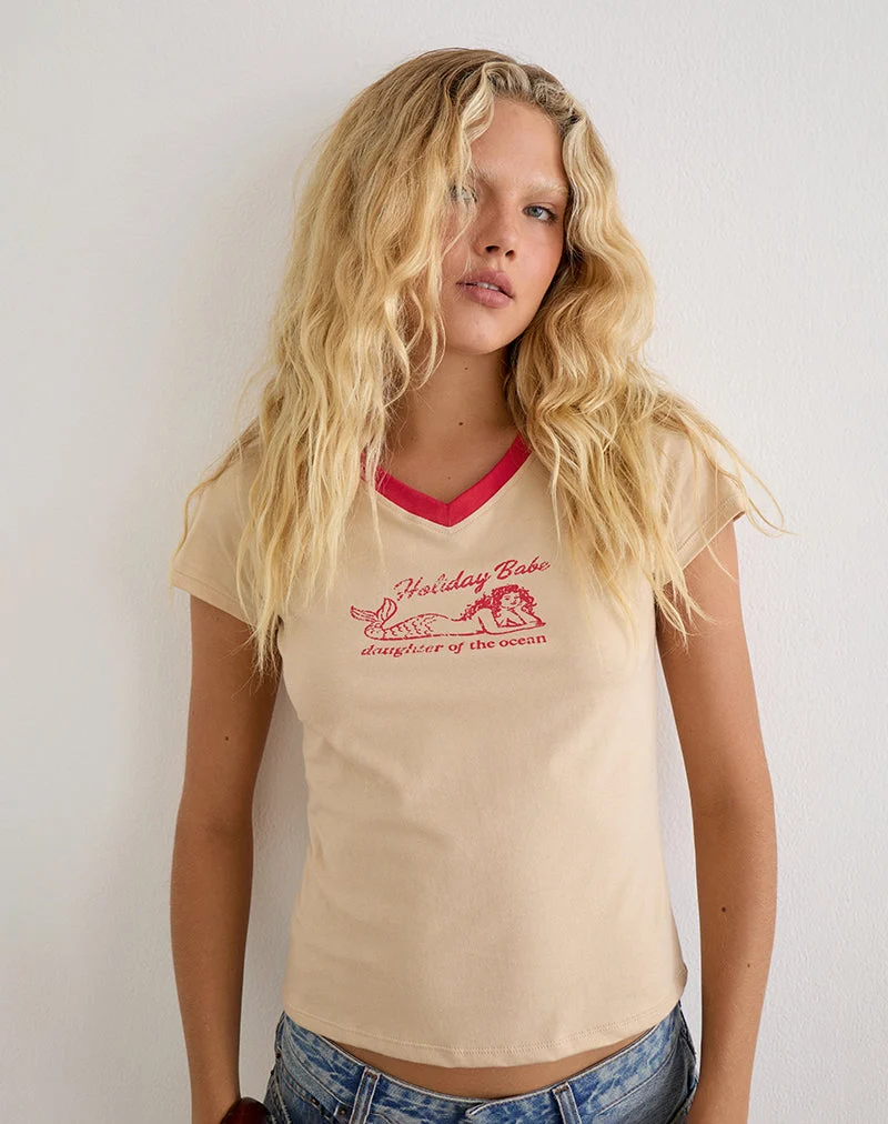 Haut Parman couleur beige avec bordure rouge et motif sirène
