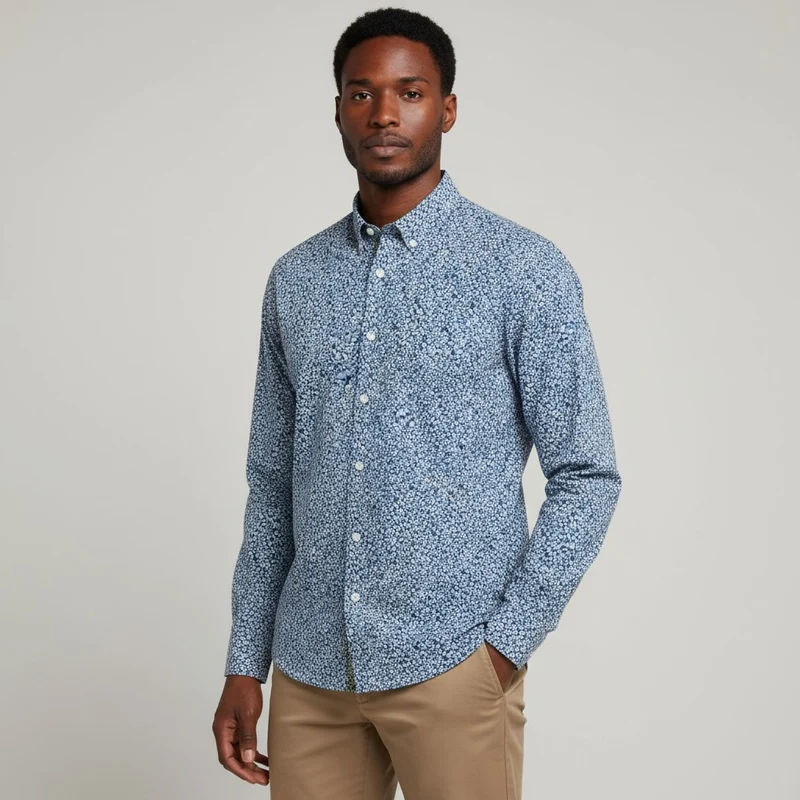 Chemise imprmé floral bleu océan à manches longues en coton
