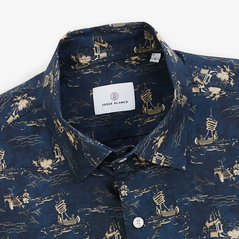 Chemise Caracas manches courtes en coton imprimé bleu marine