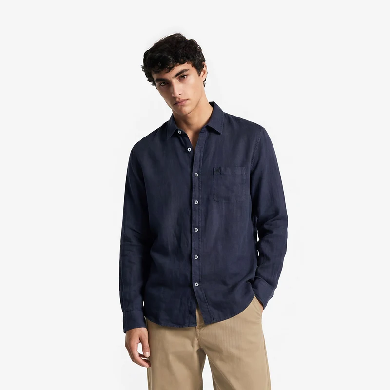 Chemise manches longues unie en lin gris carbone