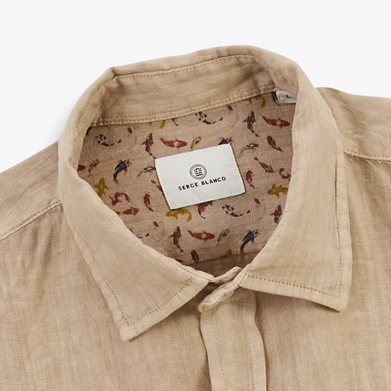 Chemise manches longues unie en lin marron avoine
