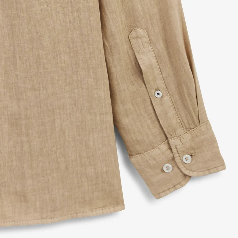 Chemise manches longues unie en lin marron avoine
