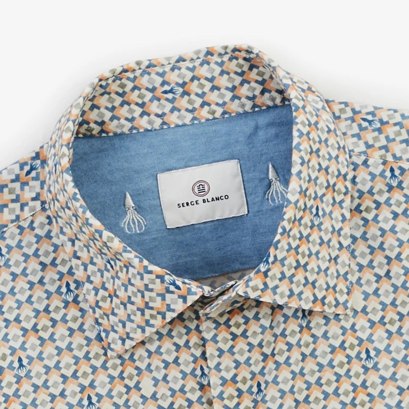 Chemise manches longues coton à motif losanges et pieuvres vert argile