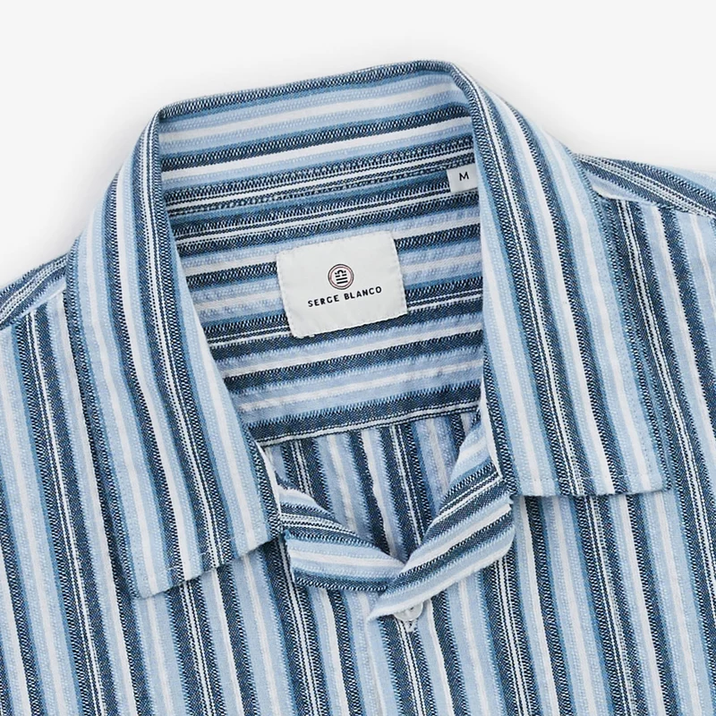 Chemise manches courtes en coton Caracas rayée bleu marine