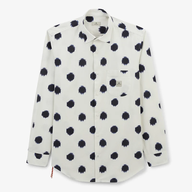 Chemise manches longues en coton imprimé gros pois blanche