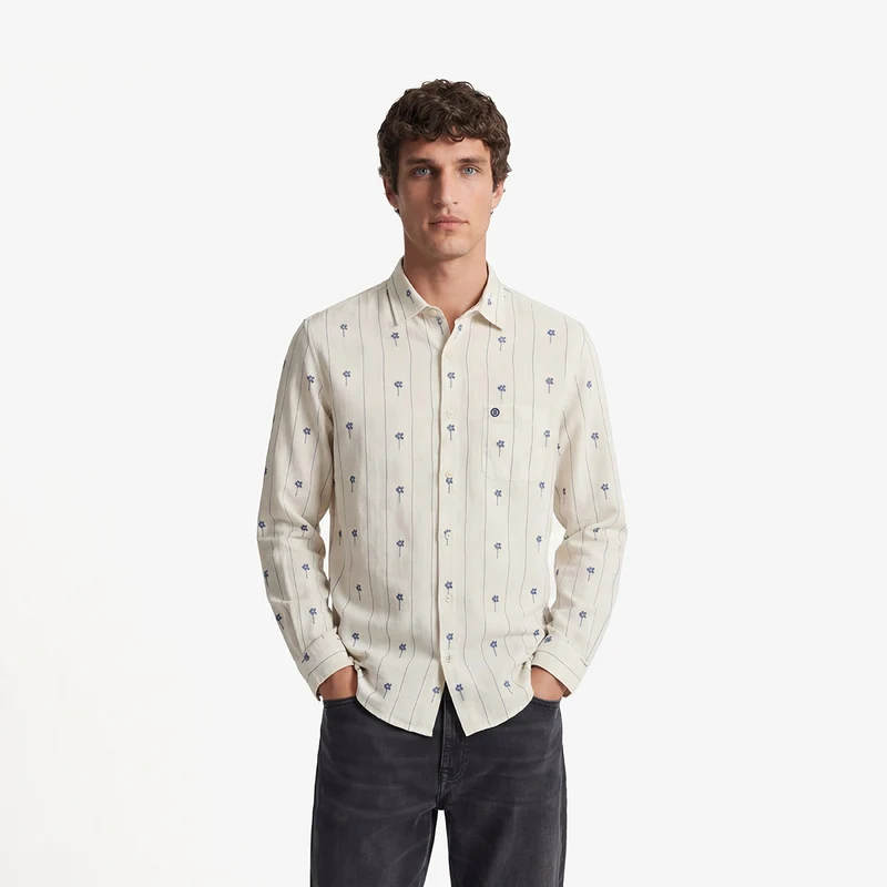 Chemise manches longues en coton jacquard blanche avec fleurs brodées