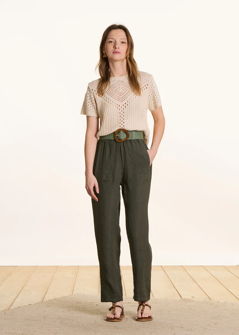 Pantalon carotte kaki en lin taille élastiquée