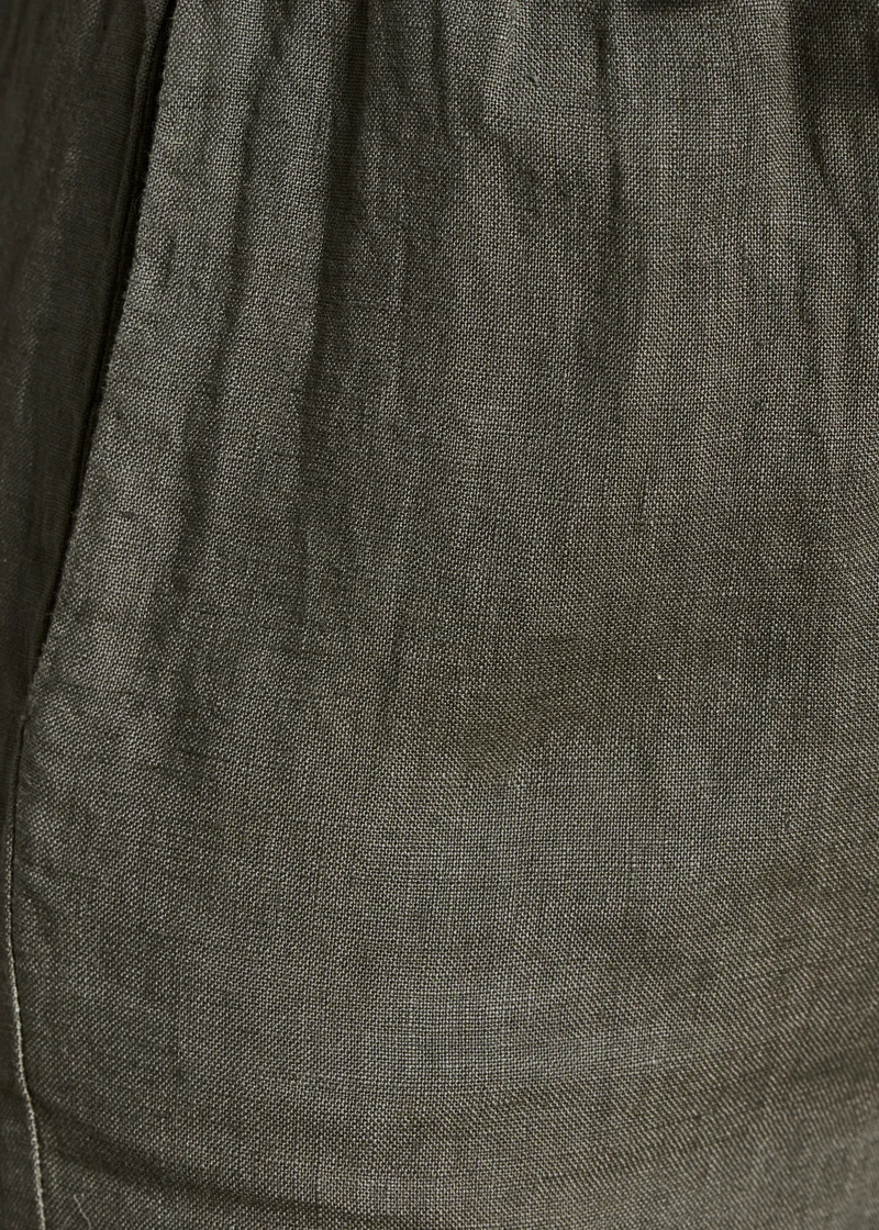 Pantalon carotte kaki en lin taille élastiquée