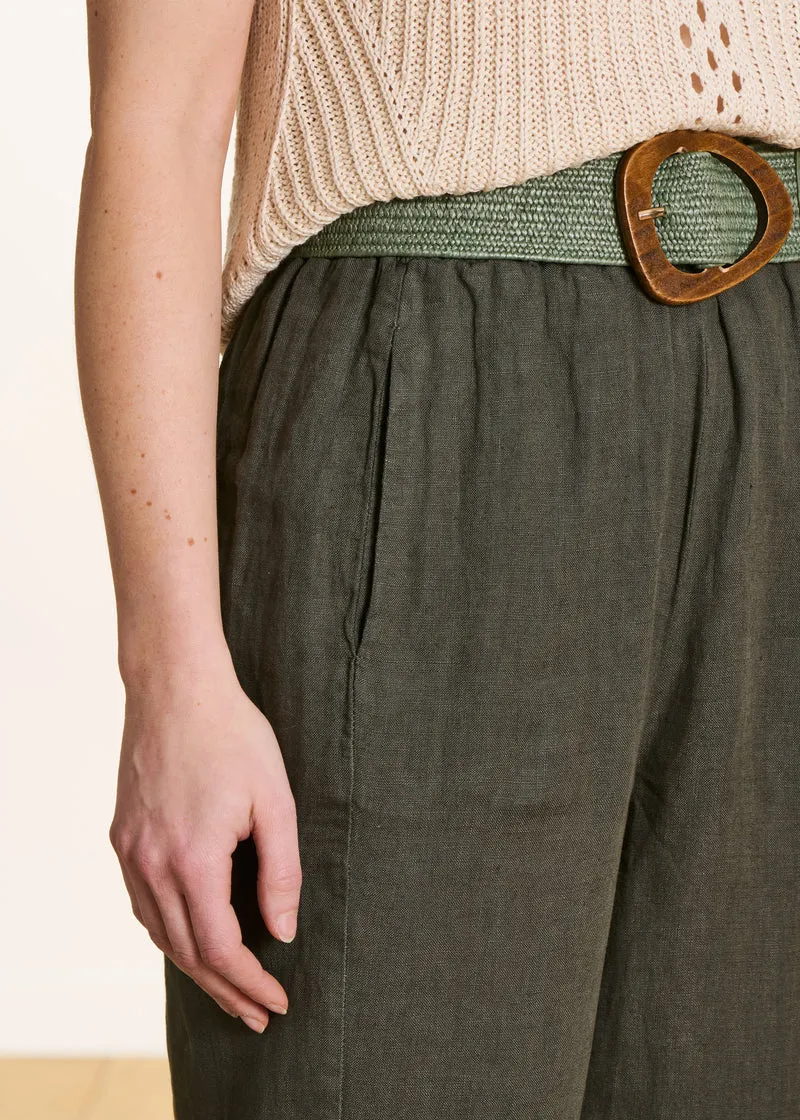 Pantalon carotte kaki en lin taille élastiquée