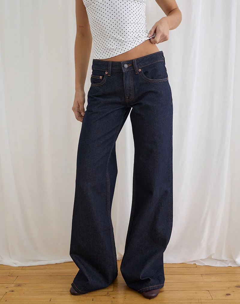 Jean évasé ample à taille basse, couleur indigo