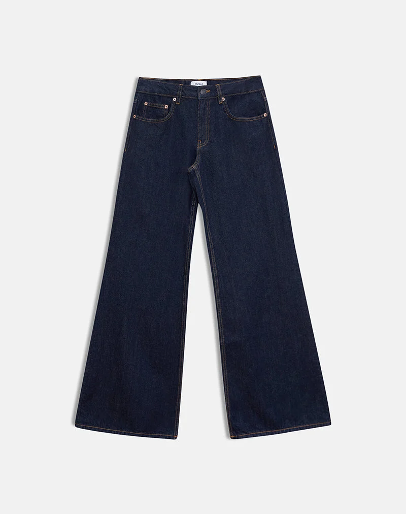 Jean évasé ample à taille basse, couleur indigo