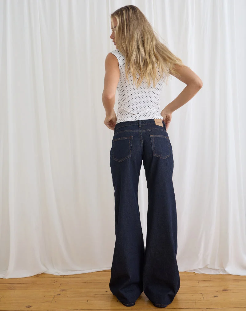 Jean évasé ample à taille basse, couleur indigo