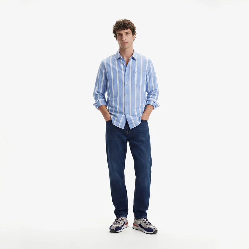 Chemise manches longues rayée en coton bleu