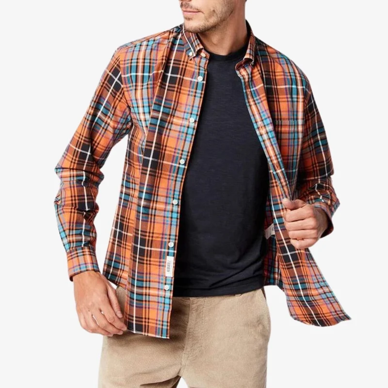 Chemise manches longues à carreaux orange brique en coton