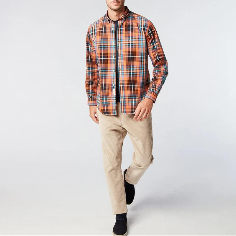 Chemise manches longues à carreaux orange brique en coton
