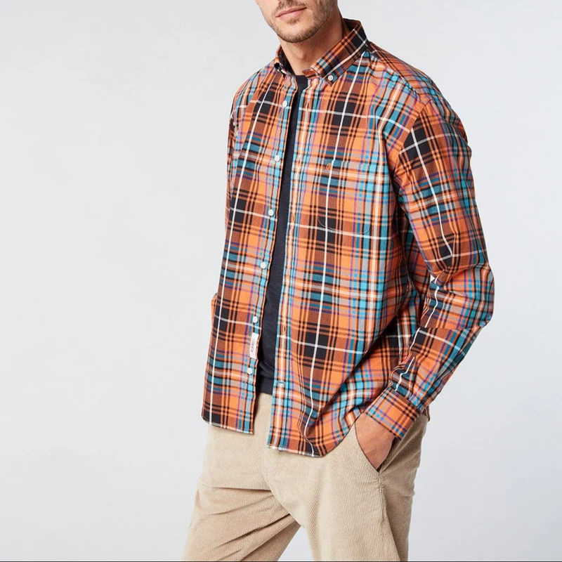 Chemise manches longues à carreaux orange brique en coton