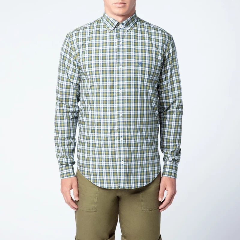 Chemise manches longues à carreaux vert et bleu en coton coupe ajustée