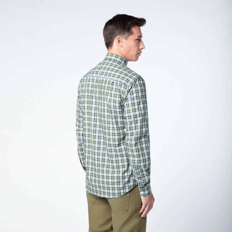 Chemise manches longues à carreaux vert et bleu en coton coupe ajustée