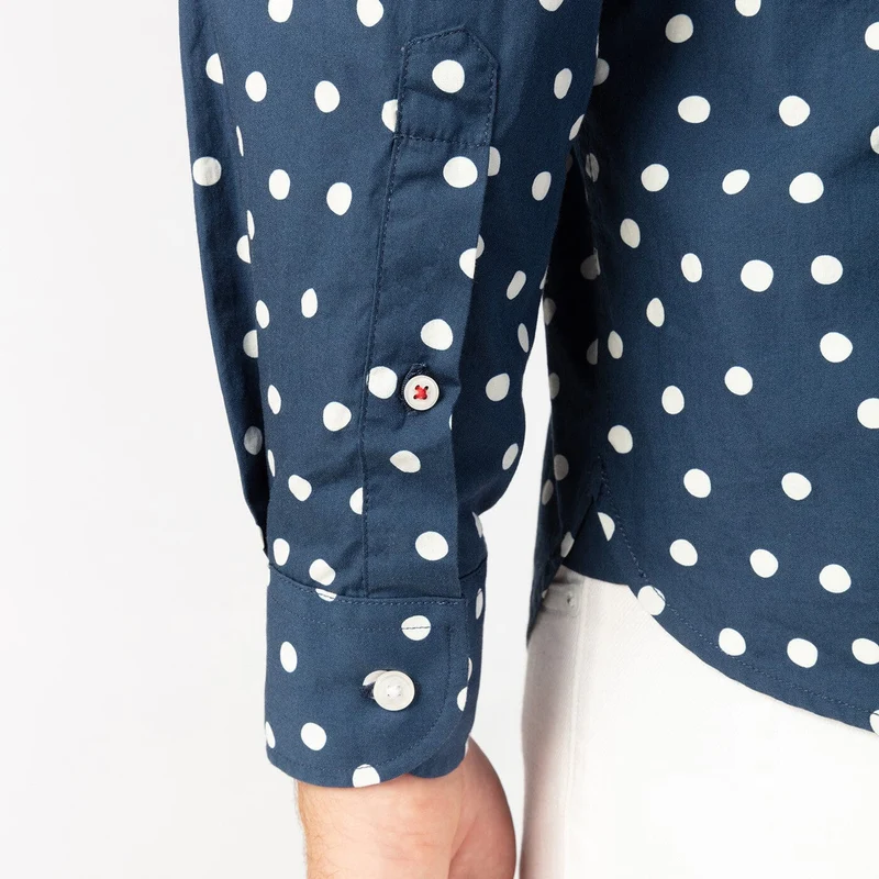 Chemise manches longues à pois bleu foncé en coton